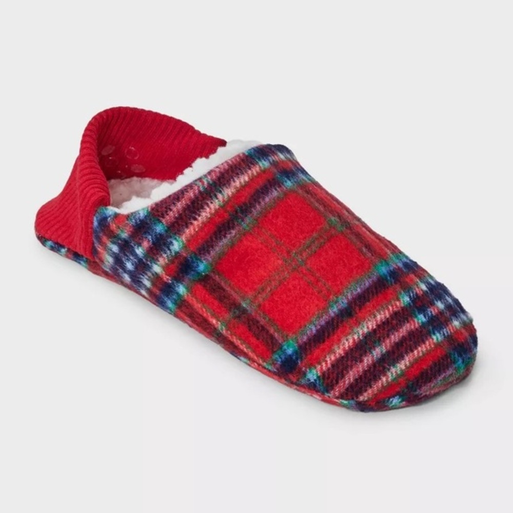 Adult Plaid Faux Shearling Lined Slipper Socks nwt Huggable Heel & Grippers M/L